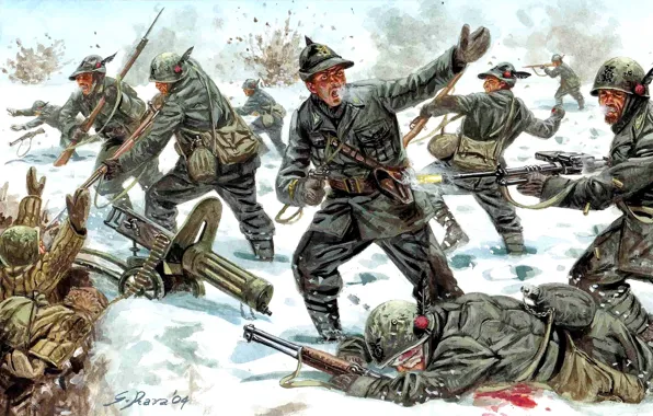 Picture winter, snow, weapons, attack, figure, battle, art, soldiers