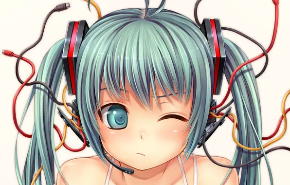 Girl, wire, anime, headphones, Hatsune Miku, Art, Vocaloid, Namaru