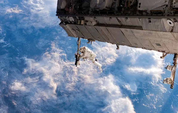 Picture space, clouds, flight, space, reflection, ISS, the suit, Earth