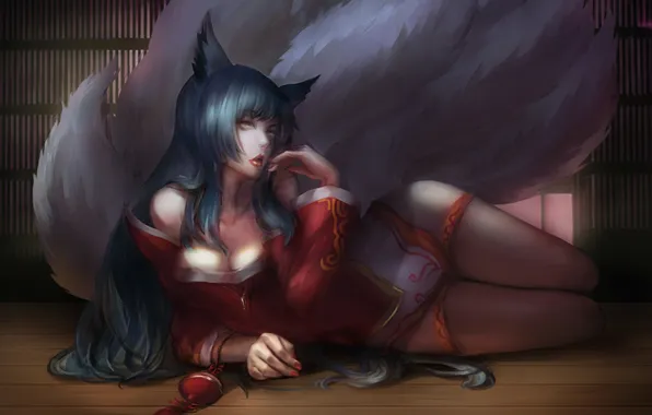 Art, league of legends, tails, ahri, caviar, lunar-sama, girl lying down