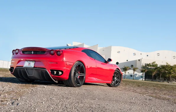 The sky, red, palm trees, the building, red, ferrari, Ferrari, f430