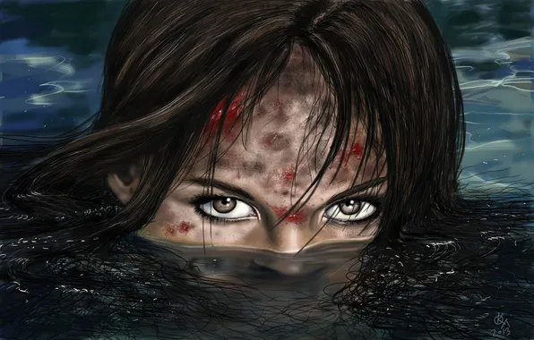 Eyes, look, water, girl, face, blood, dirt, art