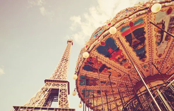 Picture clouds, France, Paris, Eiffel tower, carousel