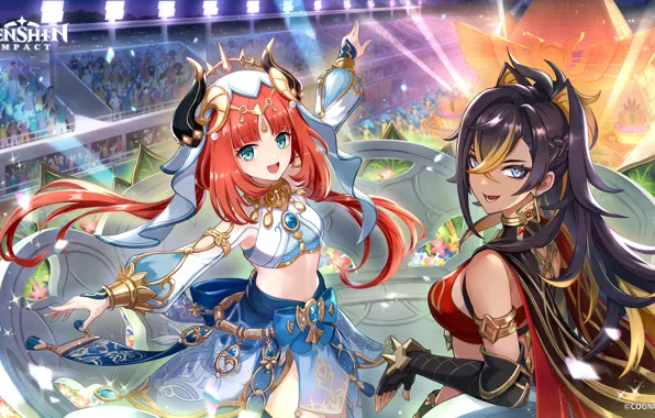 Smile, holiday, dance, dress, stadium, Genshin Impact, Nilou, Dehya