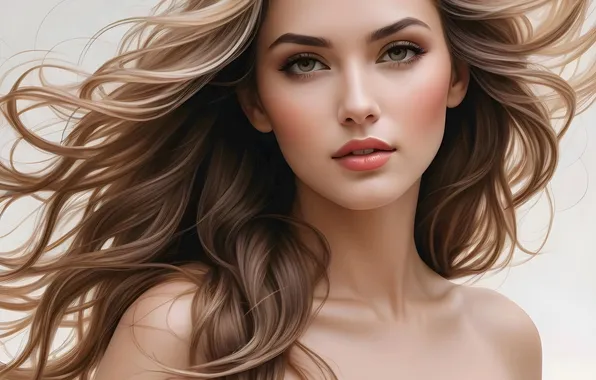 Look, girl, portrait, brown hair, flowing hair, Rus, AI art, neural network