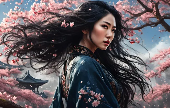 Look, girl, trees, flowers, Park, the wind, figure, portrait
