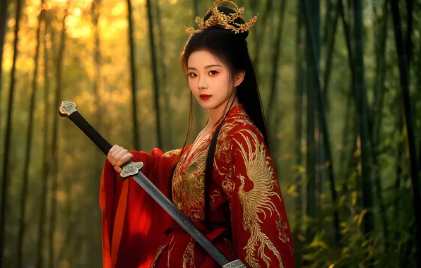 Look, girl, sword, Chinese, Asian, red dress