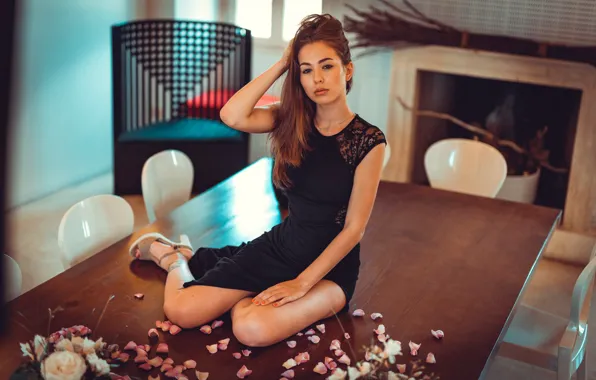 Look, girl, pose, table, petals, dress, on the table, Marco Squassina