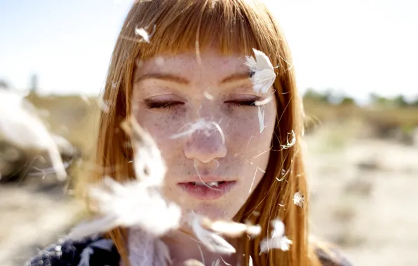 Girl, woman, feathers, model, bokeh, redhead, female, freckles