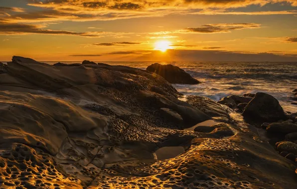 Picture sea, wave, beach, the sky, the sun, clouds, rays, light