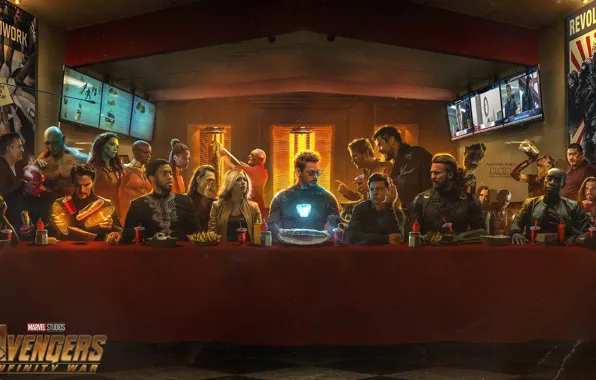 Table, fiction, Scarlett Johansson, Vision, poster, feast, characters, Nebula