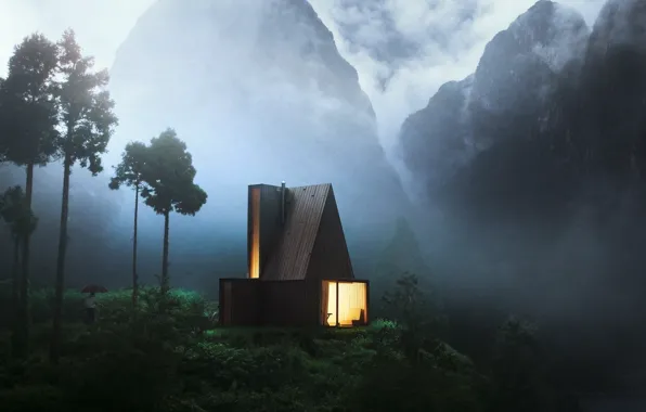 Picture trees, mountains, overcast, home, umbrella, male