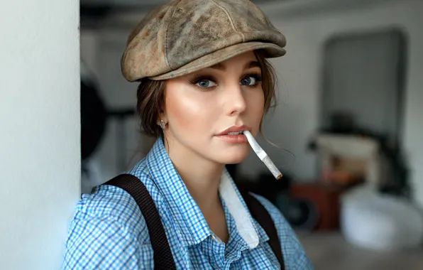 Picture look, background, portrait, makeup, hairstyle, cap, shirt, brown hair
