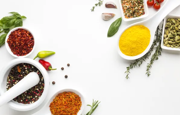 Spoon, pepper, spices, garlic, rosemary, paprika