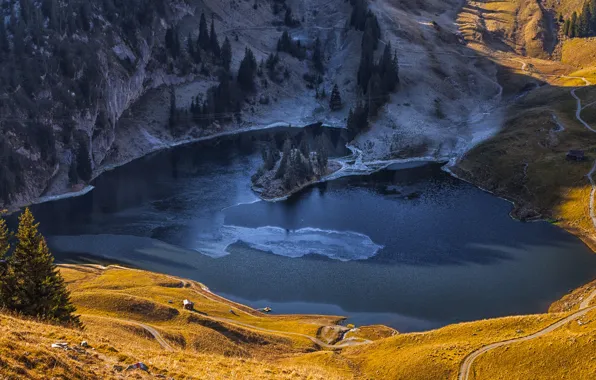 Autumn, forest, light, mountains, lake, view, height, slope