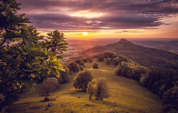 Sunset, Leaves, Castle, Hills, Hill, Oak, The village, Oaks