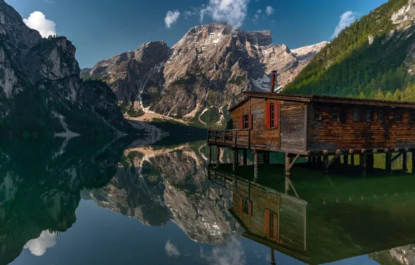 Forest, mountains, lake, reflection, shore, Alps, house, pond
