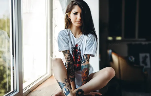 Look, girl, pose, tattoo, t-shirt, on the windowsill, ARTEM SOLOVЬEV, Alina Makhmutova