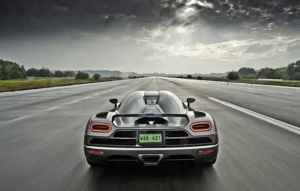 Picture the sky, trees, clouds, nature, speed, track, blur, Koenigsegg