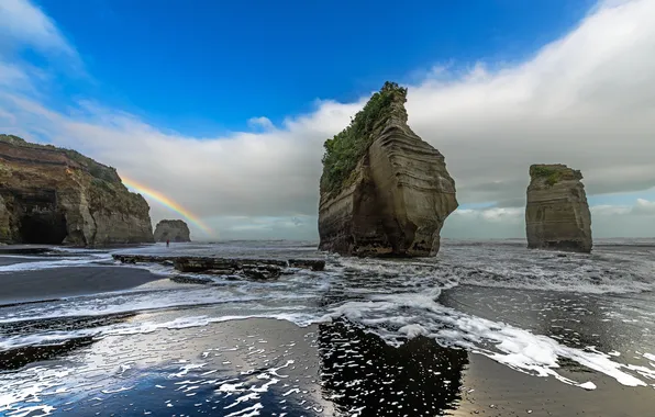 Sea, rocks, shore, rainbow