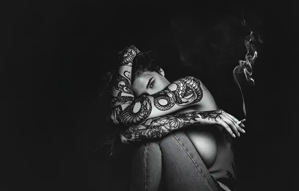 Chest, girl, model, smoke, tattoo, black background, Topless, smoking