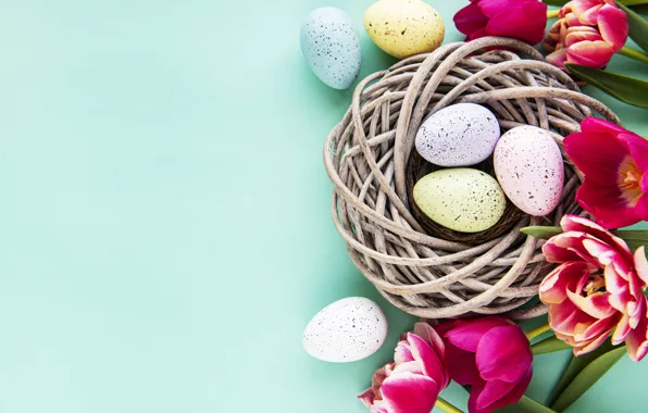 Flowers, eggs, spring, colorful, Easter, tulips, happy, pink