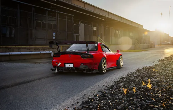 Picture Mazda, Drift, Sun, RX-7, Wheels, Spoiler