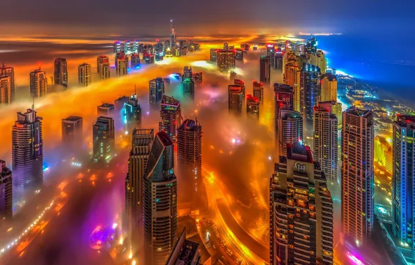 Sea, the sky, night, orange, blue, the city, lights, fog