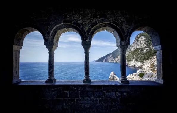 Picture sea, mountains, window, arch