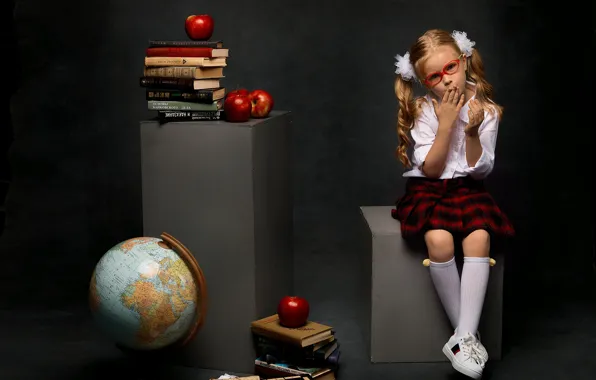 Apples, books, sneakers, skirt, glasses, girl, blouse, schoolgirl