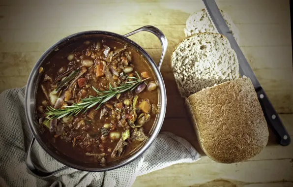 Bread, soup, knife