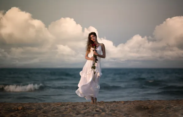 Picture girl, flowers, the wind, shore, dress, Ana Valenciano