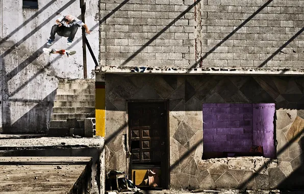 Picture house, jump, shadows, steps, skateboarding, solar, skateboard, slums