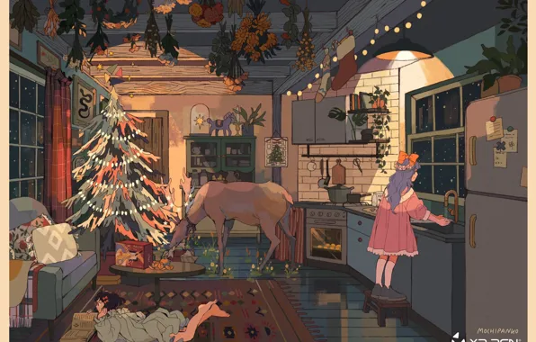 Plants, deer, refrigerator, kitchen, lying on the floor, wooden house, two girls, elegant tree