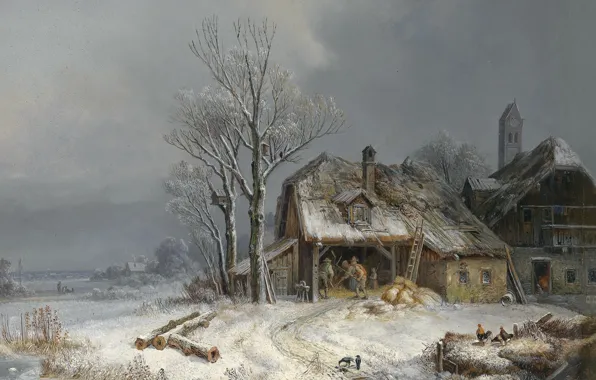 1865, oil on canvas, Henry Burkel, Winter Village, Winter village, Wintry village, Heinrich Bürkel, In …