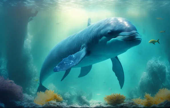 Sea, water, Dolphin, the ocean, underwater world, swimming, AI art, neural network