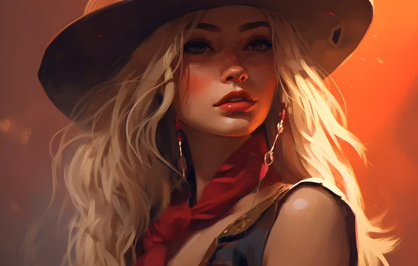 Look, girl, portrait, hat, cowboy, cowboy, AI art, neural network