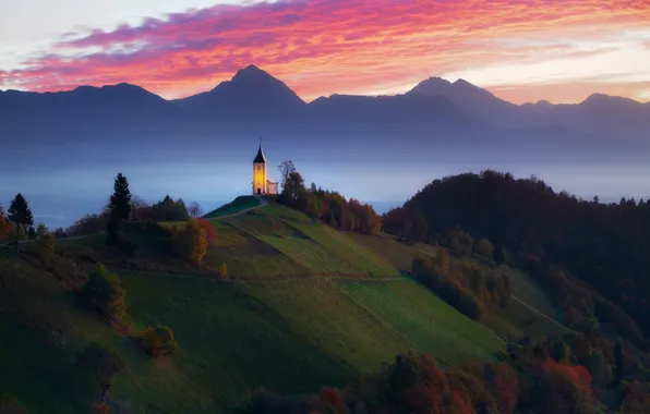 Picture autumn, landscape, sunset, mountains, nature, the evening, slope, Church