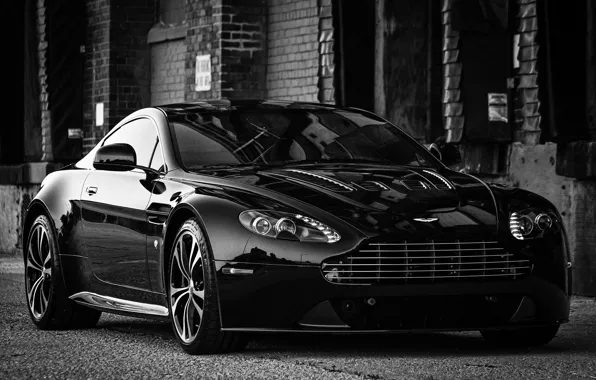 Black, Aston Martin, V12, black and white photo, Vantage Carbon Edition