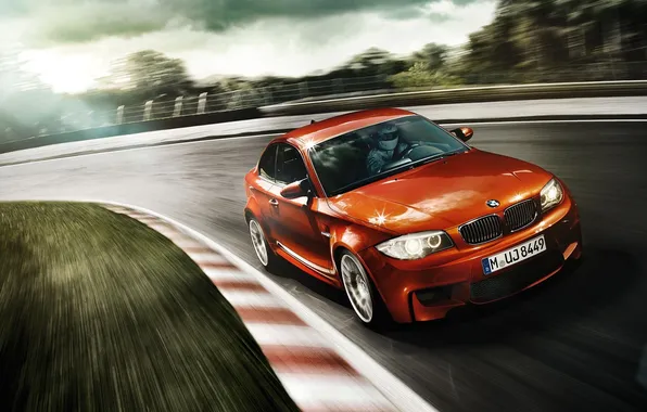 Road, clouds, trees, orange, lights, bmw, coupe, blur