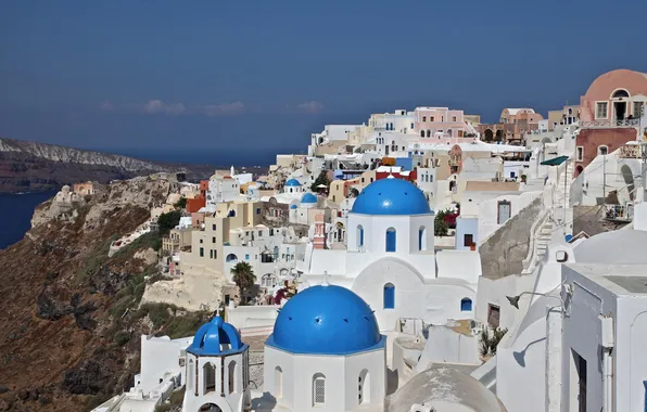 Picture sea, rocks, home, Santorini, Greece, slope, the island of Thira