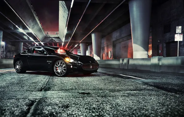 Picture asphalt, night, the city, black, maserati, car, Maserati, granturismo