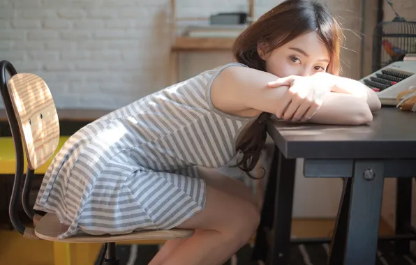 Picture look, girl, table, sweetheart, sitting