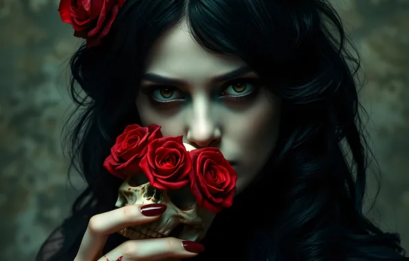 Look, girl, flowers, blood, hand, portrait, roses, bouquet