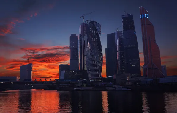 Sunset, The sky, Clouds, River, Skyscrapers, Moscow, Russia, Moscow-City