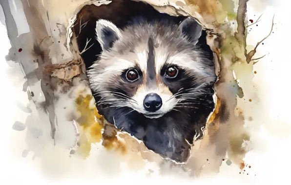 Autumn, look, leaves, figure, portrait, divorce, watercolor, raccoon