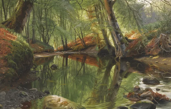 Danish painter, 1895, Forest stream, Peter Merk Of Menstad, Peder Mørk Mønsted, Danish realist painter, …