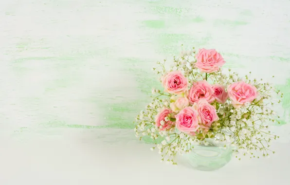 Picture table, bouquet, vase, rosette
