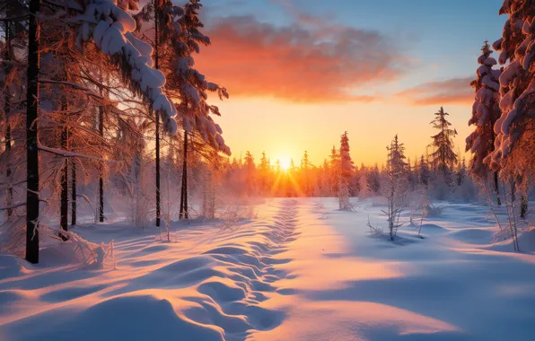 Winter, forest, the sun, clouds, snow, trees, sunset, nature