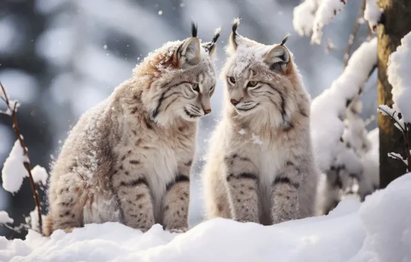 Winter, look, snow, pose, lynx, face, a couple, Duo